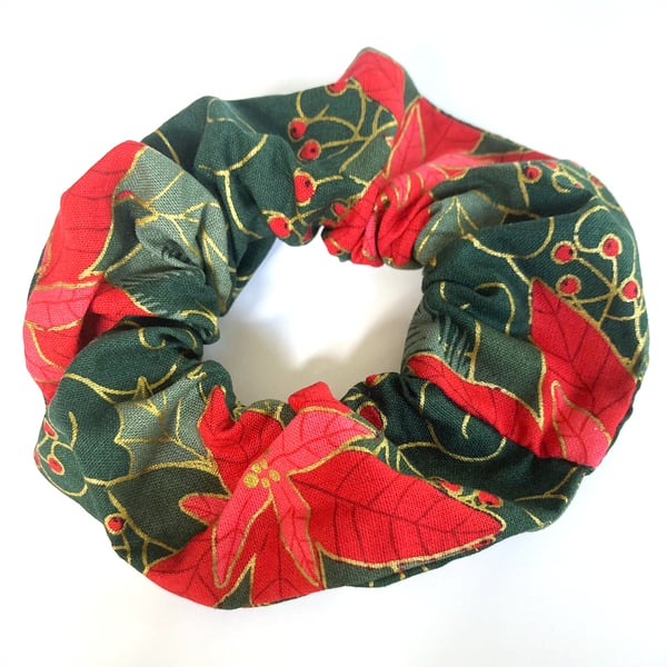 Christmas Scrunchie - Dark Green and Red Poinsettia Print