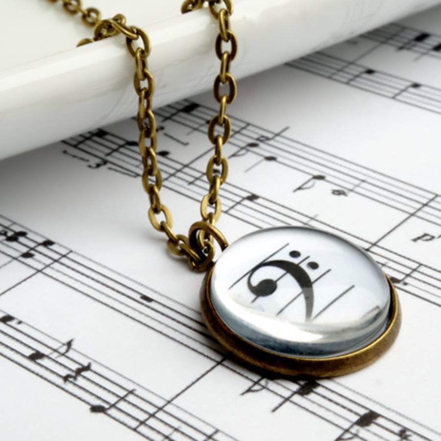 Bass Clef Necklace in Antique Gold with Chain, Musical Pendant
