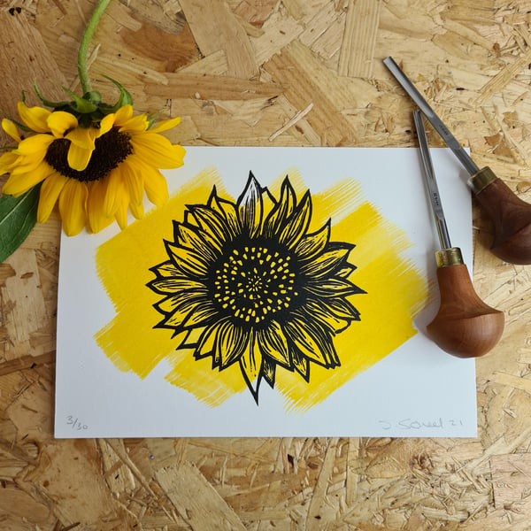 Sunflower, Botanical, Lino print a5, Yellow and Black on paper