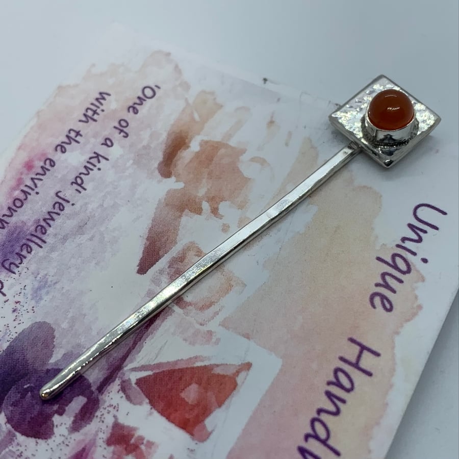 Sterling Silver Hairpin with 5mm Gemstone on Textured ‘Picture Frame’ 60mm