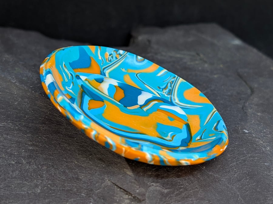 kingfisher blue and orange trinket dish