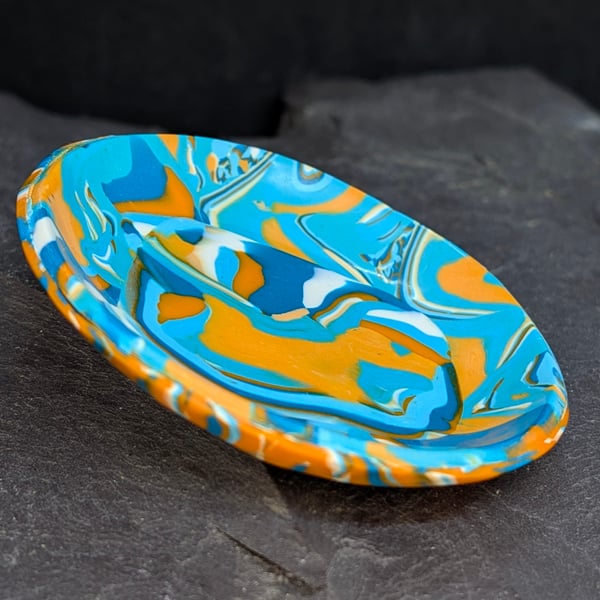 kingfisher blue and orange trinket dish