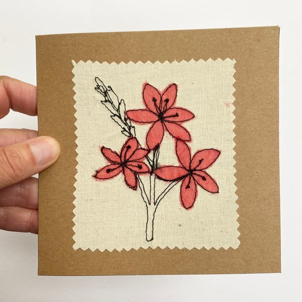 Embroidered Lily recycled flower art card. 