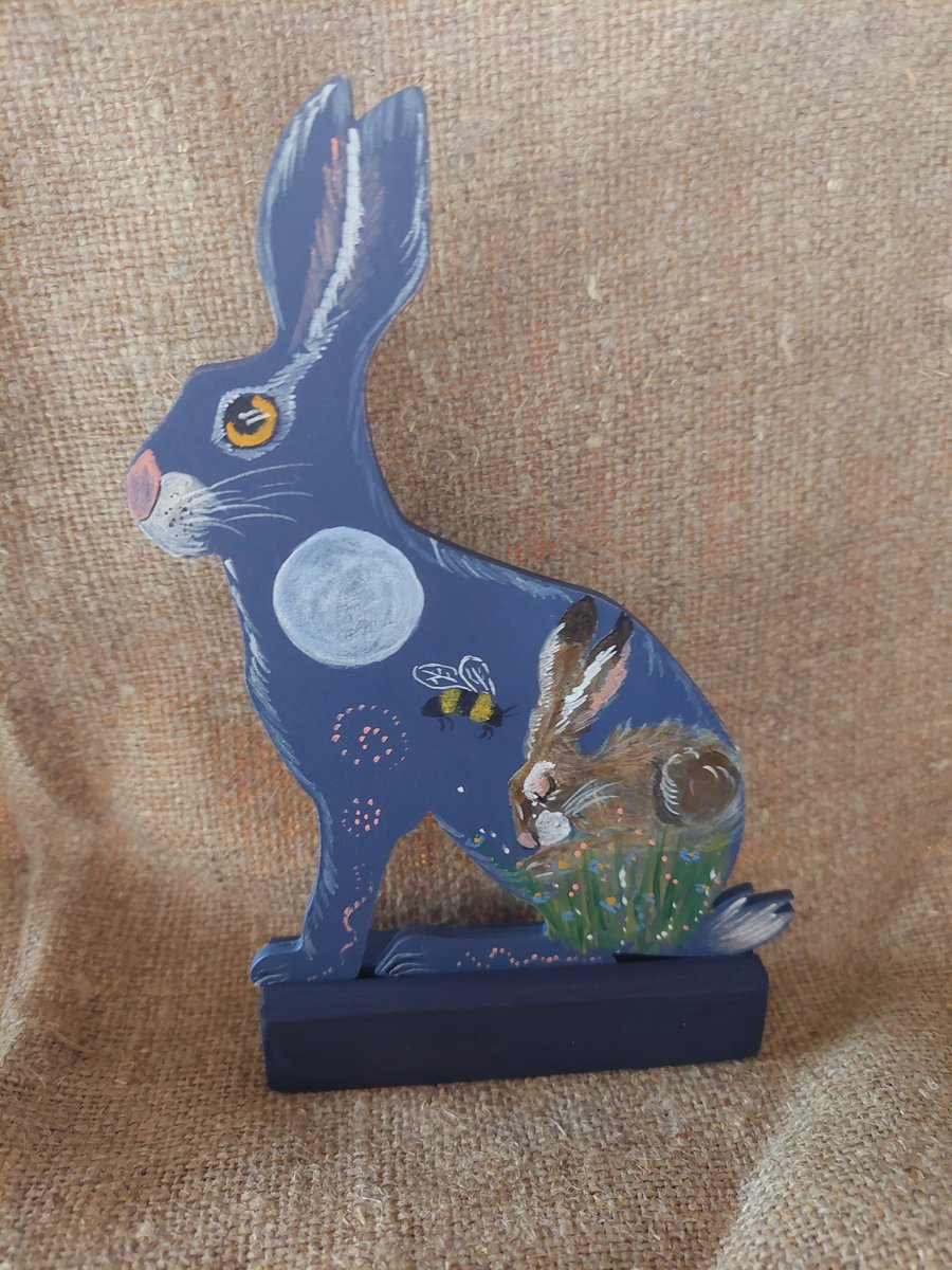 Original Hand painted Wooden Hare on Stand
