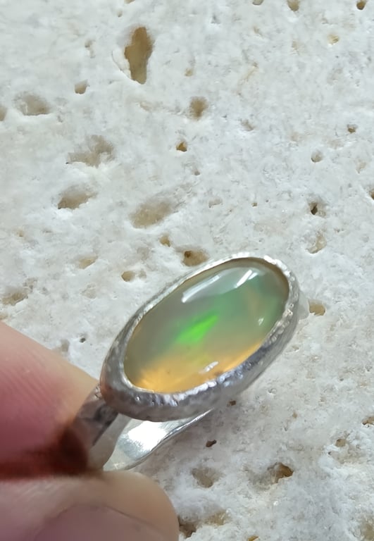 Handmade Molten Silver Ring with Ethiopian Opal Cabochon: Size M (half)