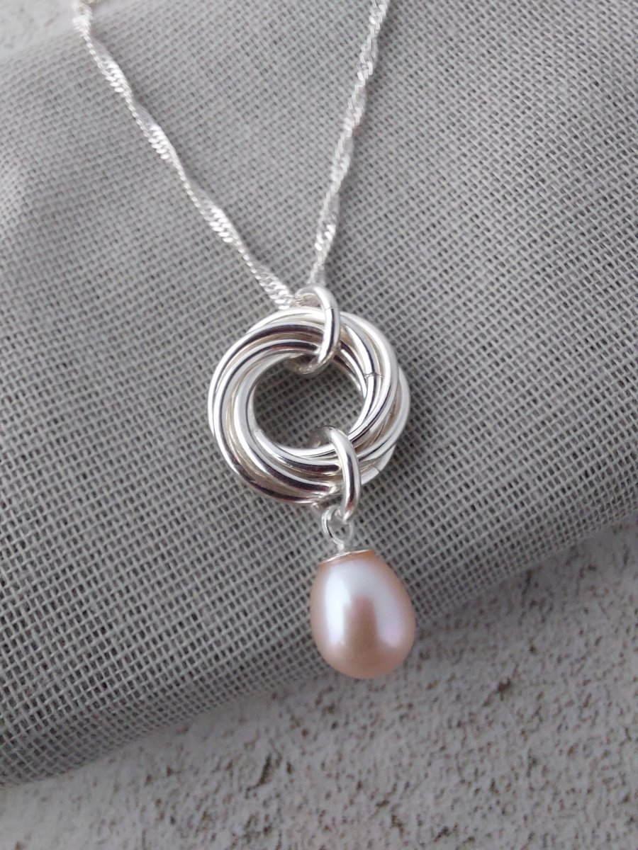 Sterling Silver Chainmaille and Pale Pink Freshwater Pearl Pendant