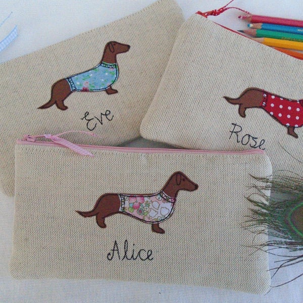 Dachshund Sausage Dog Pencil Case - Personalised Pen Art Pouch  Choice of Design