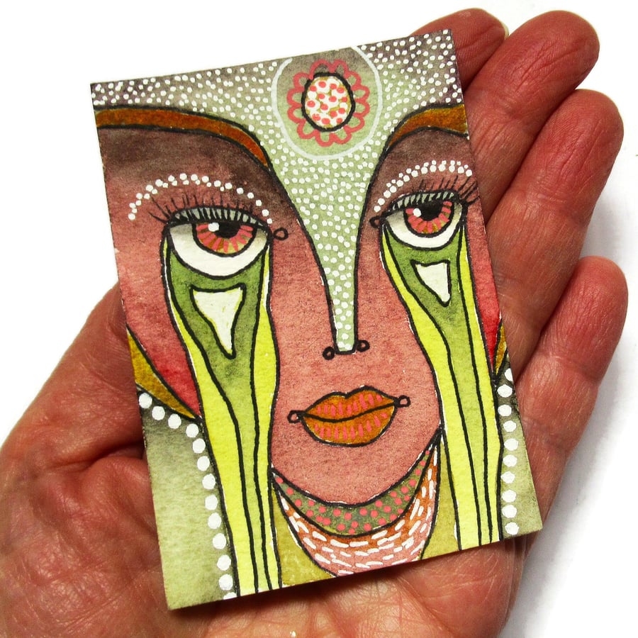 Original ACEO Painting Miniature & Ink Watercolour Surreal Abstract Face Art