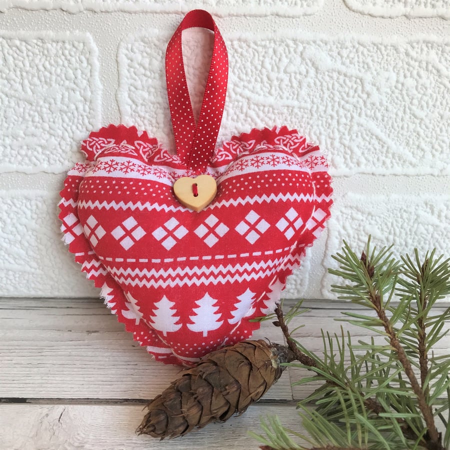 SALE, Scandi Christmas decoration, hanging heart in red with white patterns