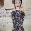 Frida Kahlo art doll, textile art heirloom doll piece, bright folk art, painted