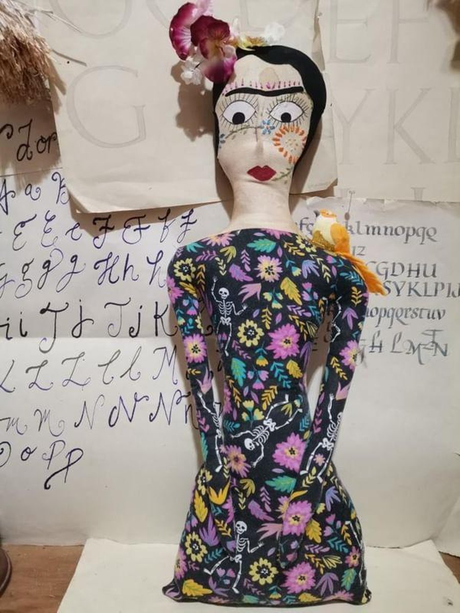 Frida Kahlo art doll, textile art heirloom doll piece, bright folk art, painted