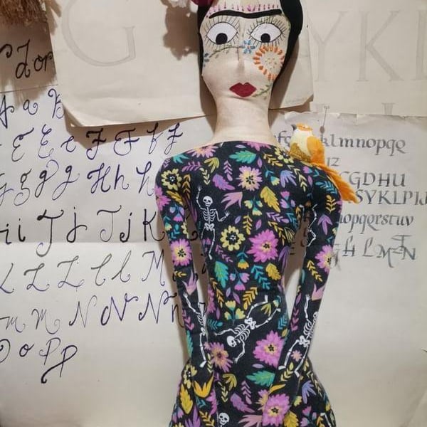Frida Kahlo art doll, textile art heirloom doll piece, bright folk art, painted