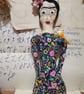 Frida Kahlo art doll, textile art heirloom doll piece, bright folk art, painted