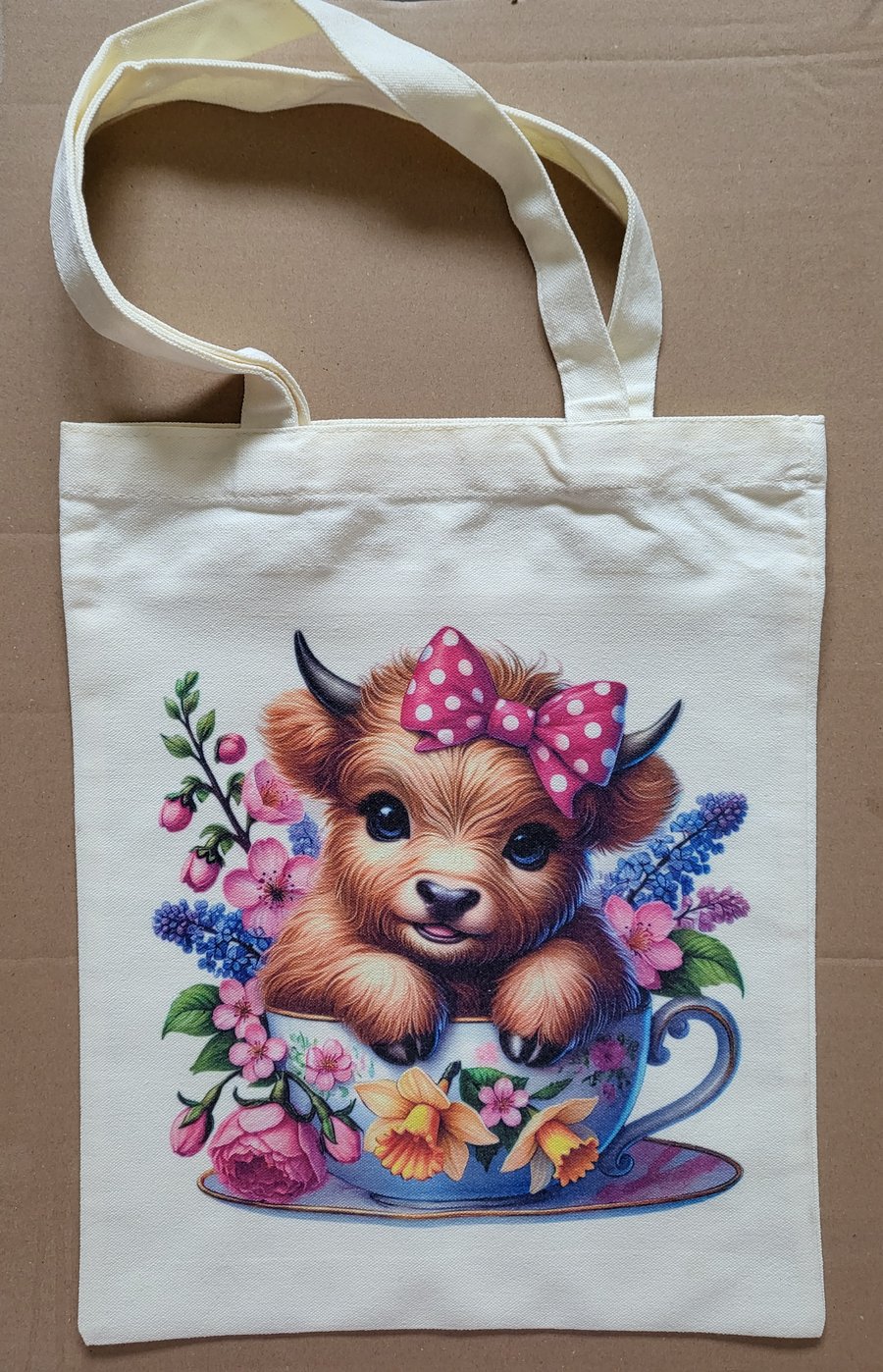 Canvas spring highland cow tote bag