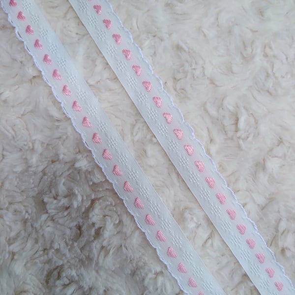 2 metres tiny pink HEARTS embroidered 1.5 cm widecotton trim for sewing projects
