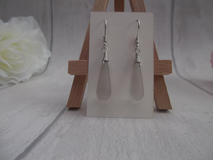 Frosted crystal dangle earrings wire wrapped rock crystal