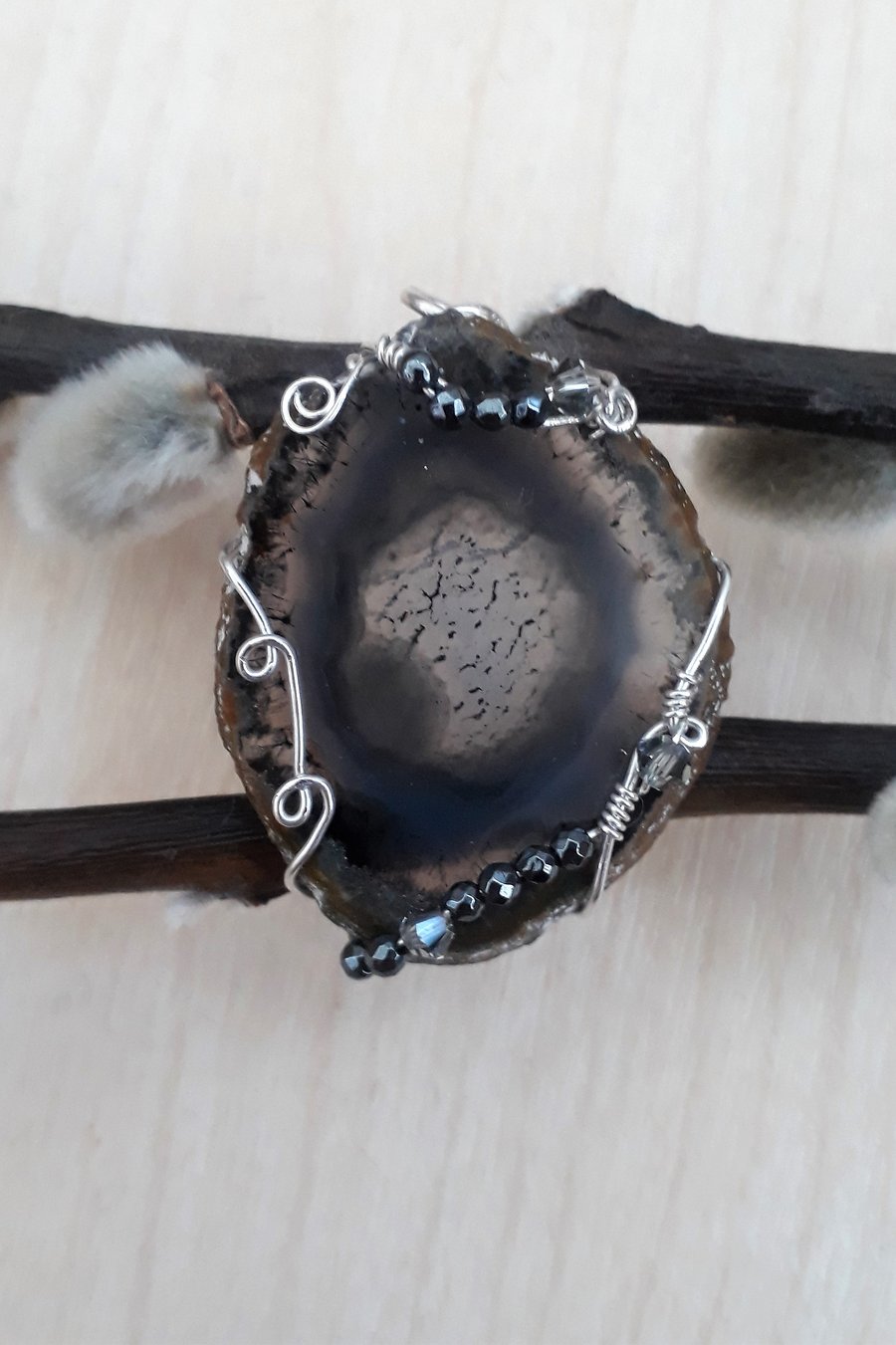 Wire Wrapped Black Agate Pendant