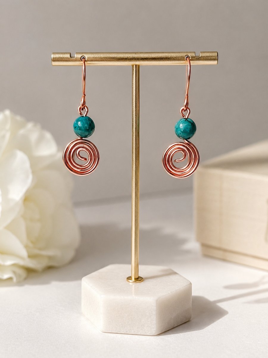 Copper & South African Turquoise Hammered Swirl Earrings 