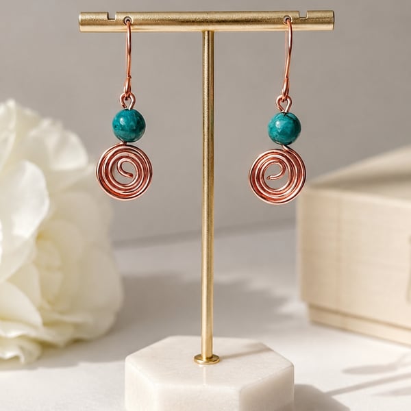  Bare Copper & South African Turquoise Hammered Swirl Earrings 