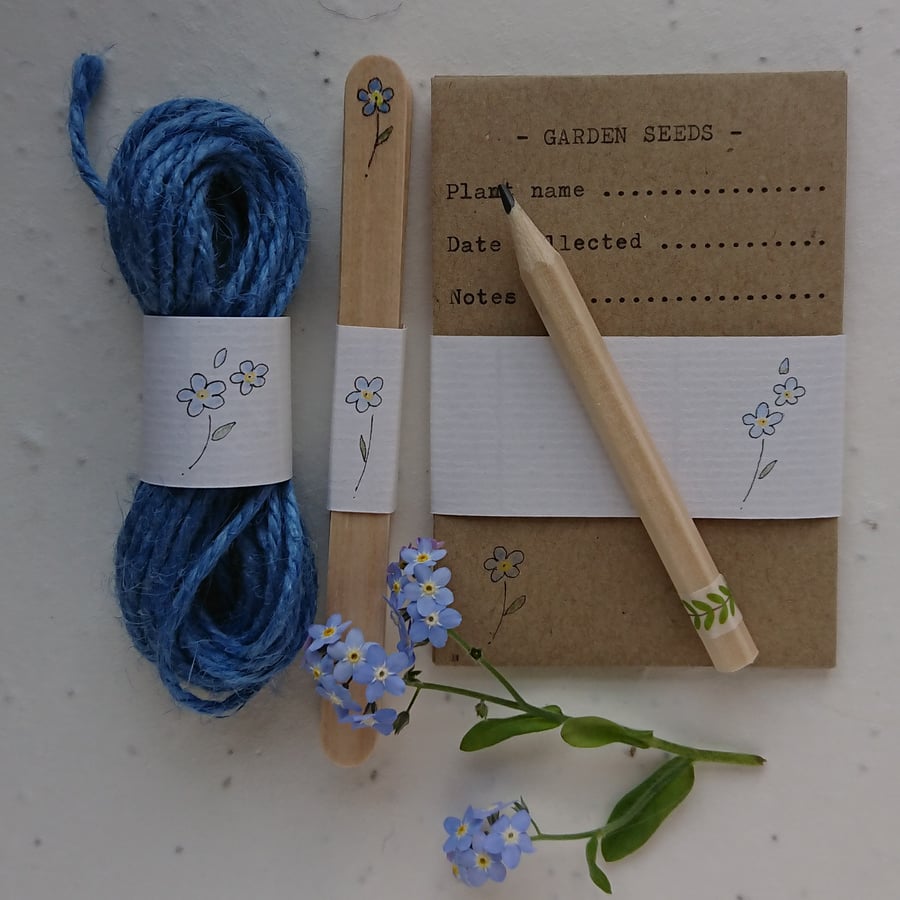Gardener’s Gift Set – Forget-me-not labels, seed envelopes, twine & pencil 