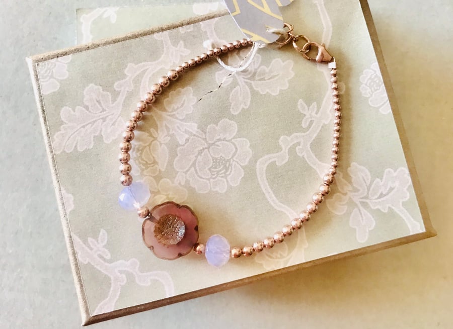 Sterling Silver, Rose Gold Plated Flower Bracelet 