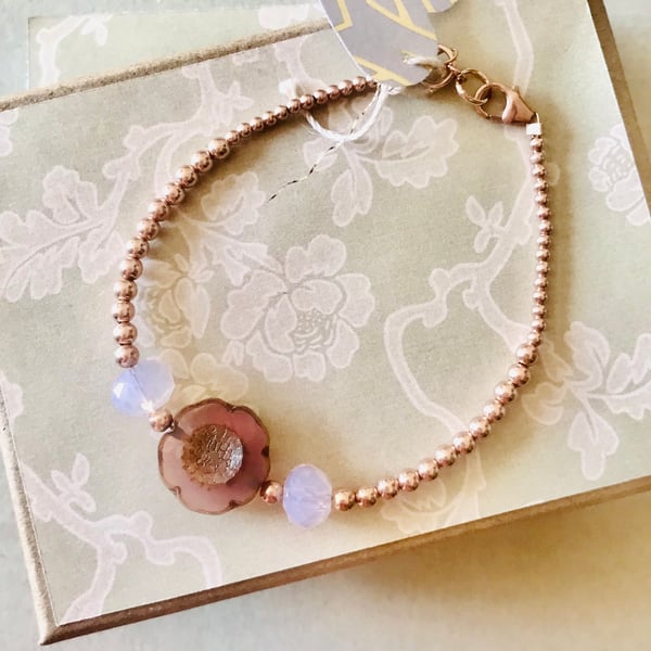 Sterling Silver, Rose Gold Plated Flower Bracelet 