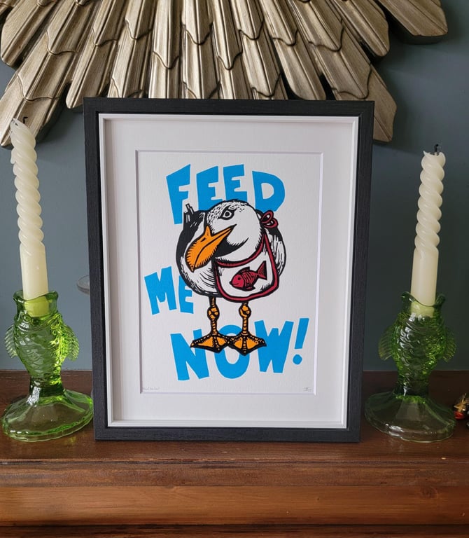 Feed Me Now! Original handmade linocut seagull bird art print