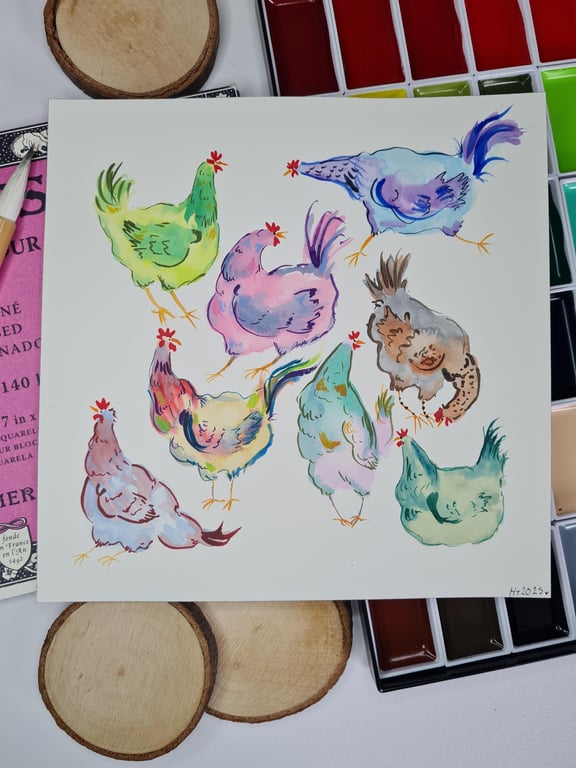 Original hand painted funny watercolour chickens art