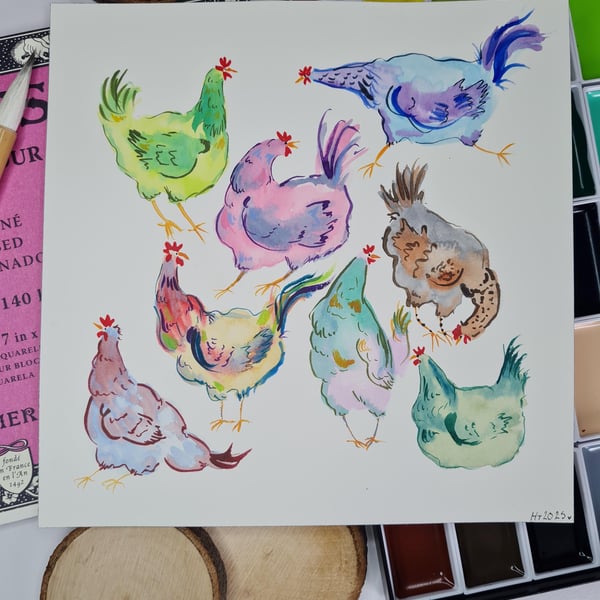 Original hand painted funny watercolour chickens art