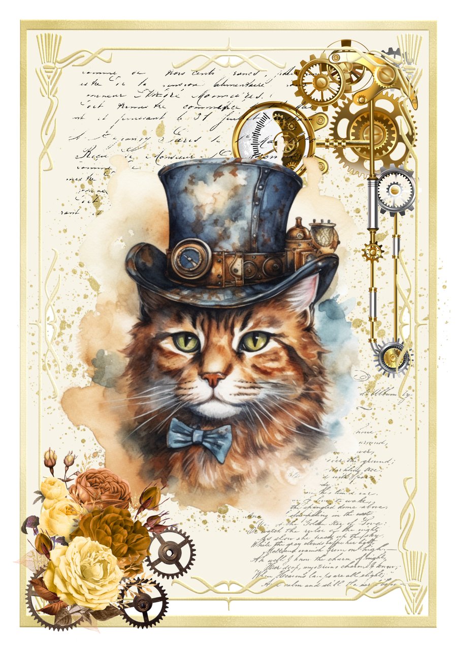 Steampunk Cat Blank Greeting Card. Cute Vintage Victorian Style for Cat Lovers!