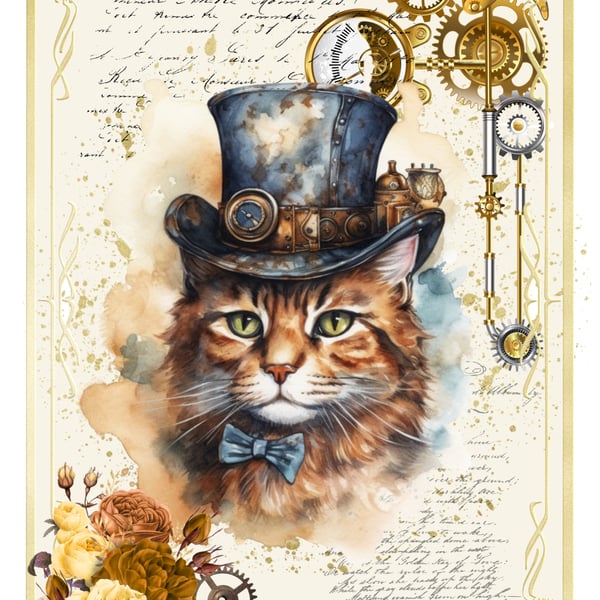 Steampunk Cat Blank Greeting Card. Cute Vintage Victorian Style for Cat Lovers!