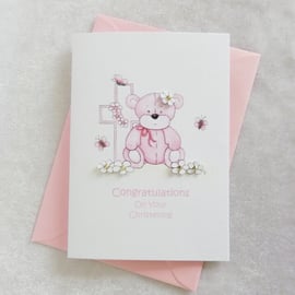 Christening Pink Bear & Cross Card - Girl