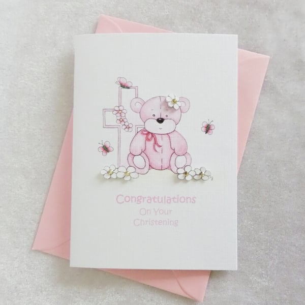 Christening Pink Bear & Cross Card - Girl