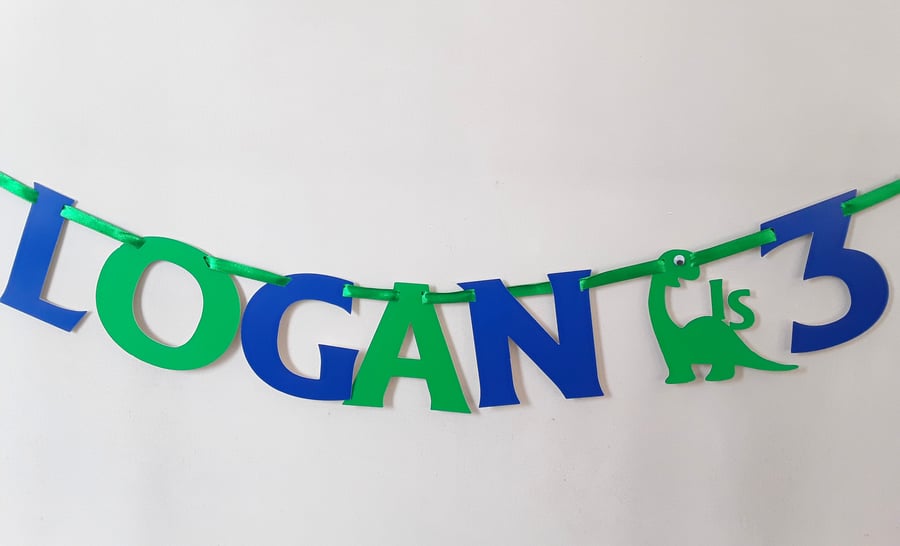Personalised Dino Banner, ANY AGE Dino Party, Dinosaur Bunting, Dino Room Decor