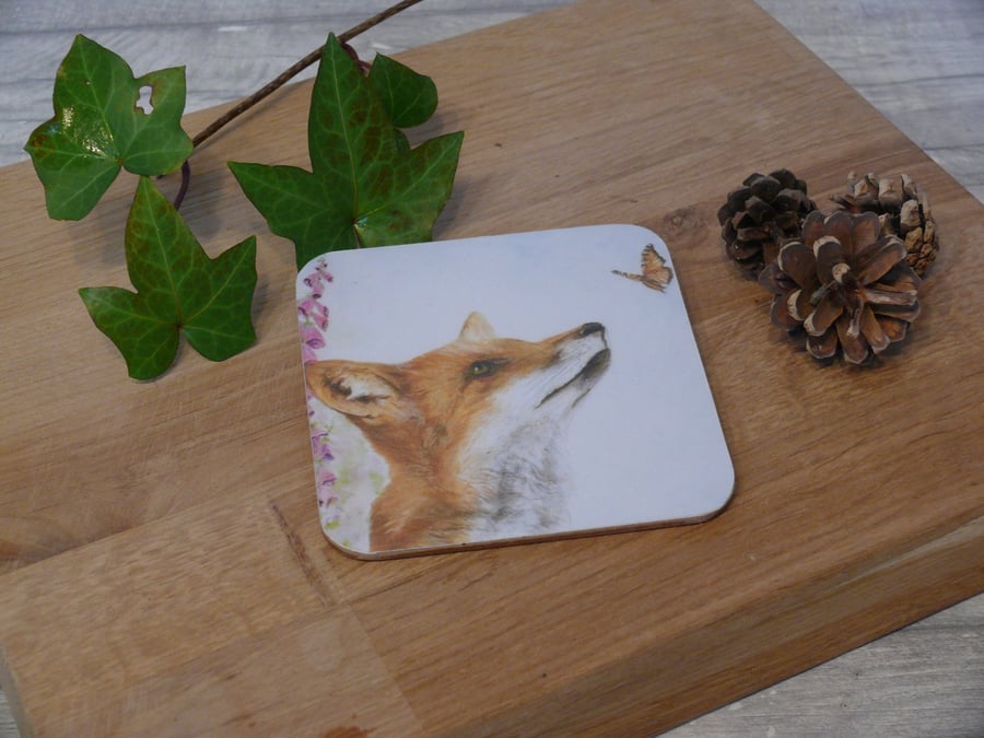 'The Messenger' Fox and butterfly, cork backed coaster