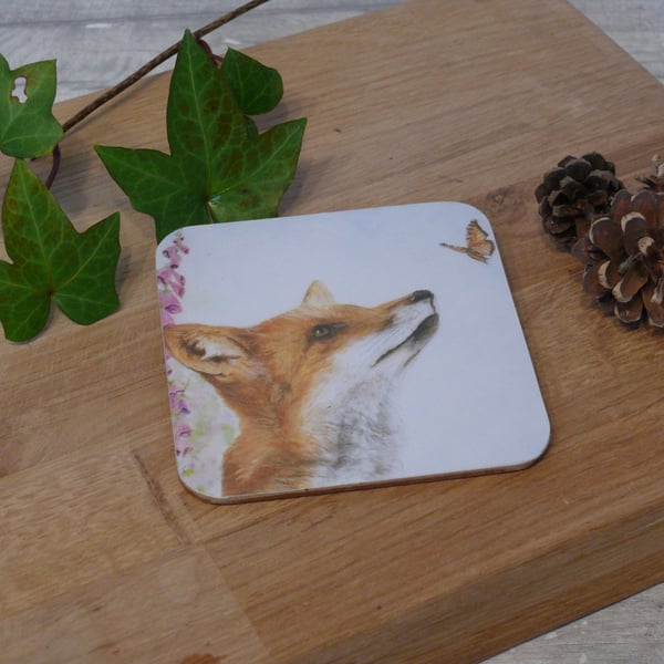 'The Messenger' Fox and butterfly, cork backed coaster