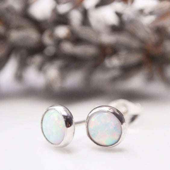 Opal and sterling silver stud earrings - October birthstone 