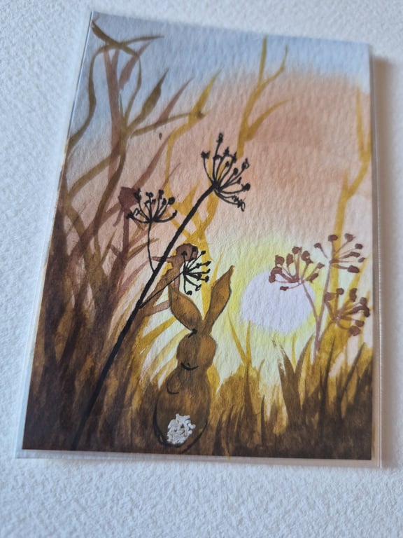 ACEO original watercolour painting collectable art card autumn hare
