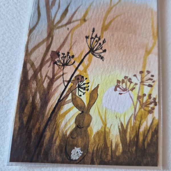 ACEO original watercolour painting collectable art card autumn hare