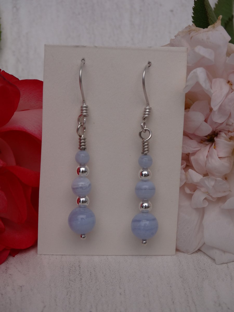 Blue lace agate 3 bead dangle earrings throat chakra calming