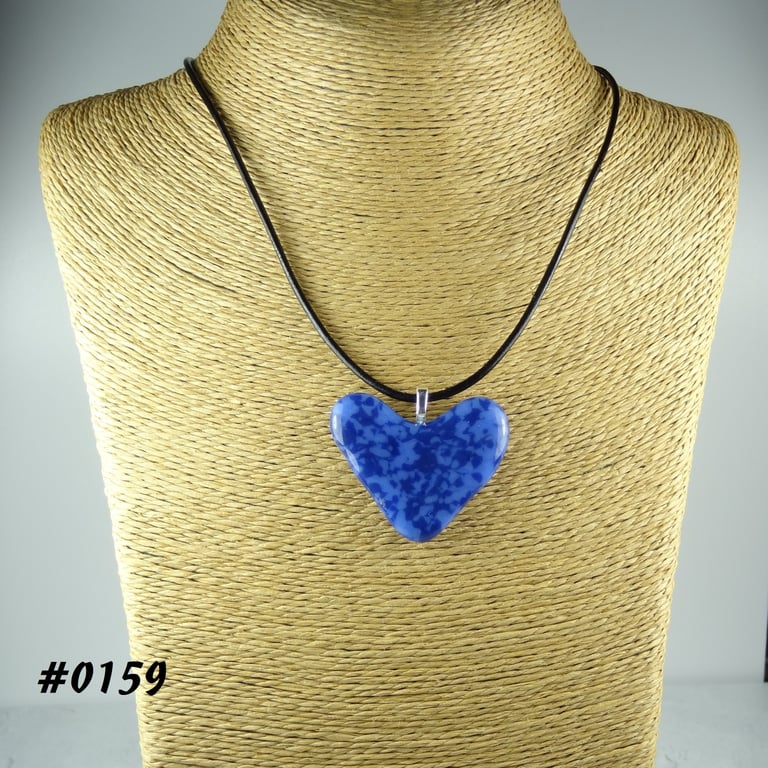Blue handcrafted fused glass heart pendant on a black leather cord (0159)