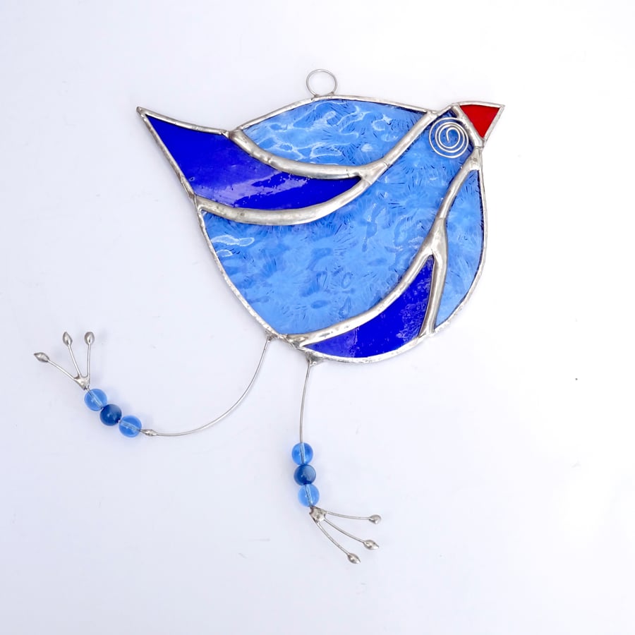 Stained Glass Funky Bird Suncatcher  - Handmade Decoration - Dark and Pale Blue