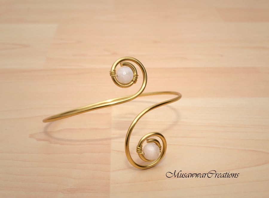 White Quartz Brass Arm Cuff – Adjustable Handmade Bicep Bracelet for Women