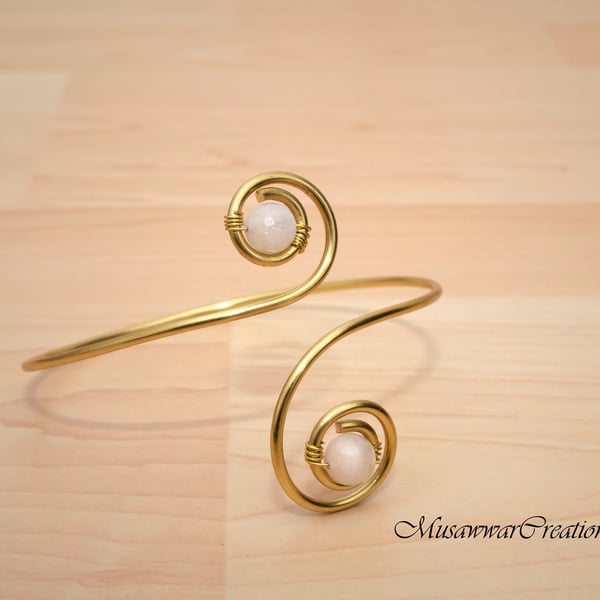 White Quartz Brass Arm Cuff – Adjustable Handmade Bicep Bracelet for Women