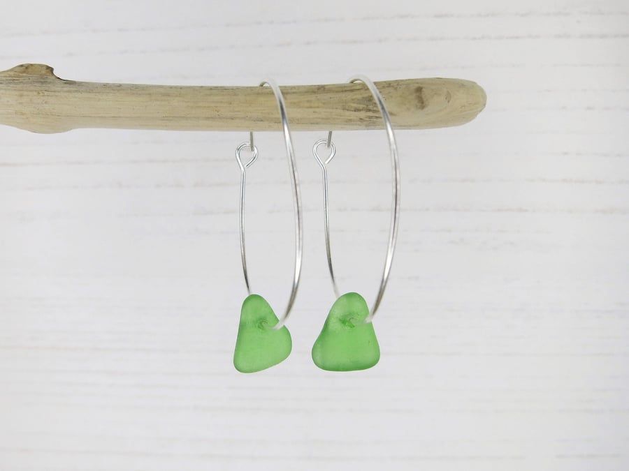 Cornish Sea Glass on 30mm Hoop Earrings - Apple Green