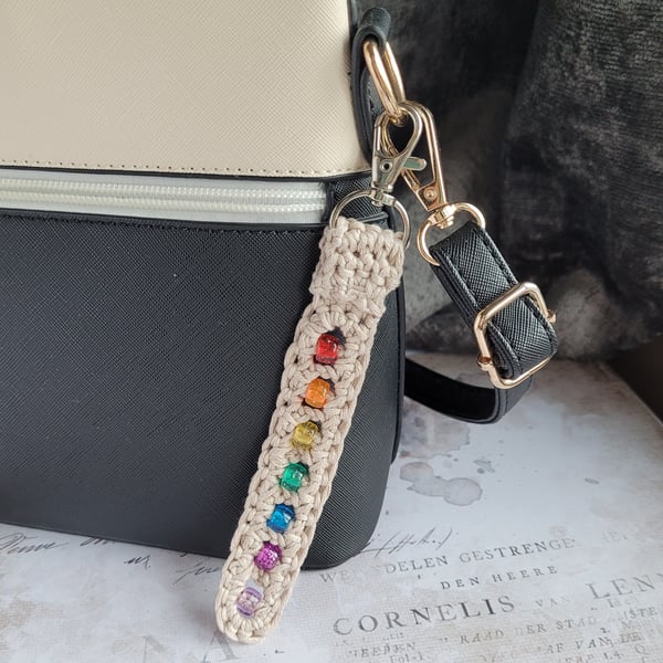 Hand Crochet Chakra Fidget Bag Charm, Beaded Sensory Aid, Anxiety Relief, Ecru