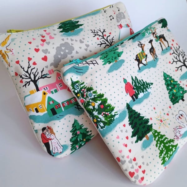 Romantic Christmas zipped pouch bag - MADE TO ORDER in your choice of scene