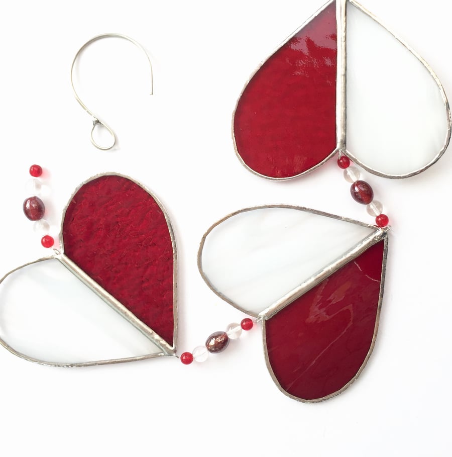 Stained Glass Hearts Suncatcher - Handmade Hanging Decoration - Red and White 