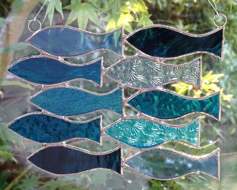 Stained Glass Shoal of 10 Fish Suncatcher - Blue and Turquoise