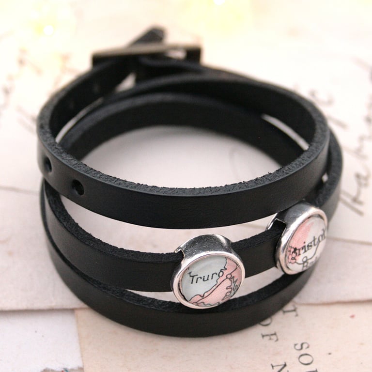 Personalized Leather Wrap Bracelet I Genuine Leather Bracelet with Map Charms